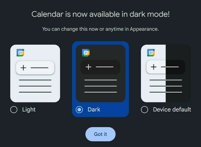 Google Calendar announcement - dark mode is now available!