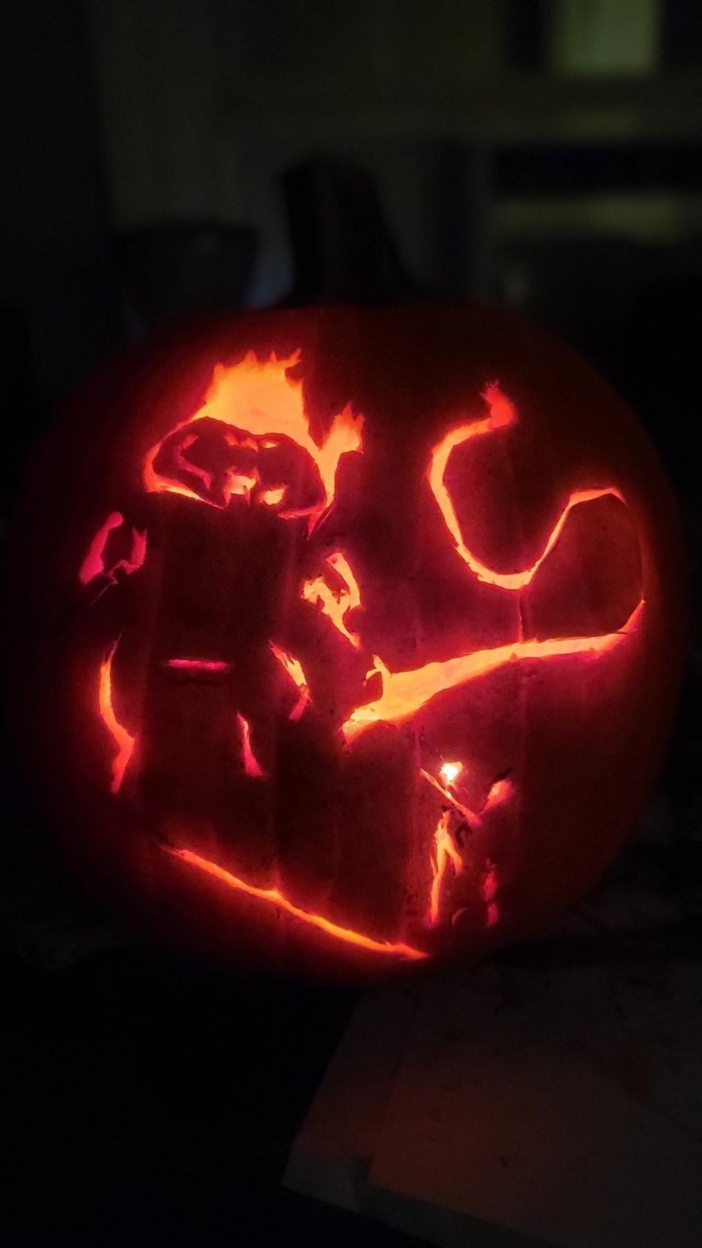 Jack-o-lantern. The balrog faces off against Gandalf, flaming whip against staff and sword. Exciting!