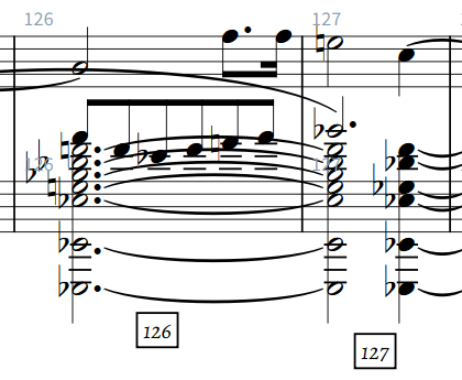 Two bars of reduced score sheet music. There's an intimidating-looking very tall chord with a number of accidentals. It's a dominant flat 9, natural nine, sharp 11 chord. Spicy!